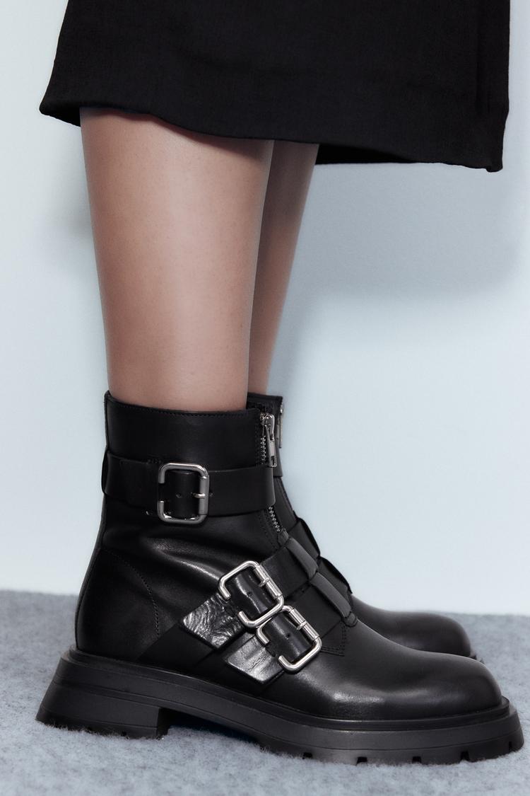 ZARA LEATHER hotsell ANKLE BOOTS WITH BUCKLEnBLACK